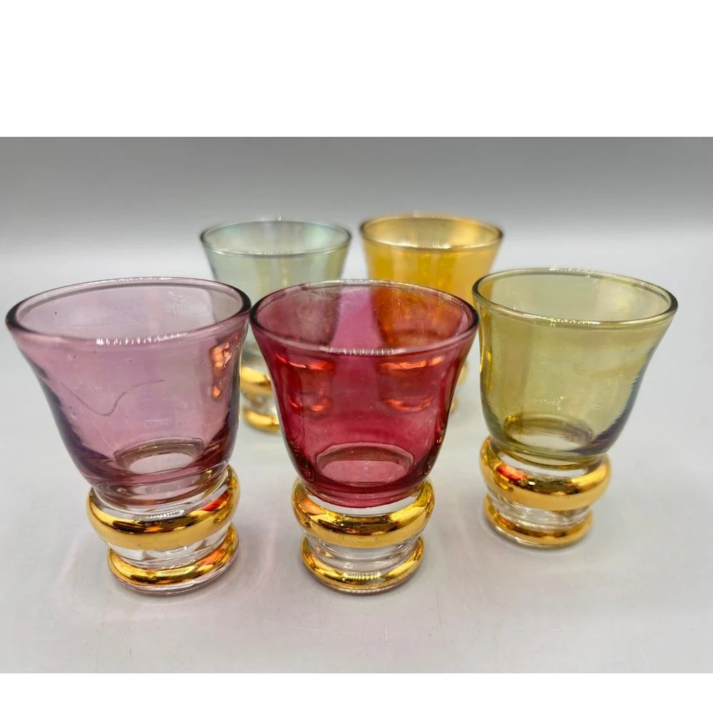 Vtg Bohemian Amethyst Glass Decanter Set Gold 5‎ Cordial Glasses Barware Boho
